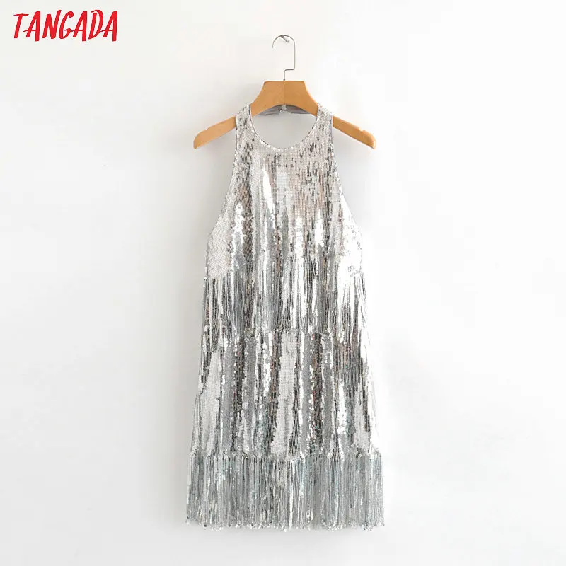 Tangada, женское сексуальное короткое платье с серебряными кисточками и блестками, блестящее платье с открытой спиной, женское Новогоднее платье для вечеринки, vestido HY122