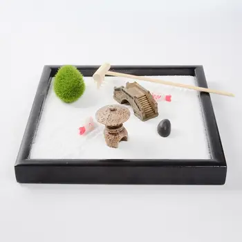 

Figurines & Miniaturees Wooden Zen Sand Box Mini Desktop Sandbox Garden Office Decoration Bamboo Pen Pushing Sand Drawing Guild