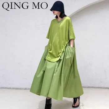 

QING MO Black Green Women Drawstring Dress 2020 Women Vintage Loose Dress With Big Pockets Round Neck Half Sleeve Dress ZQY3778