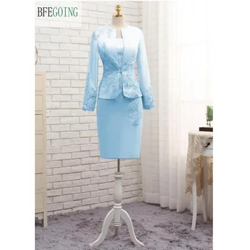 

Satin Lace Long Sleeves Knee-Length Sheath Mother of the bride dress with a Wrap Custom made