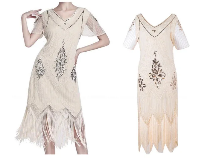 

2021 new hand-embroidered beaded sequined European and American banquet dress V-neck short-sleeved dress