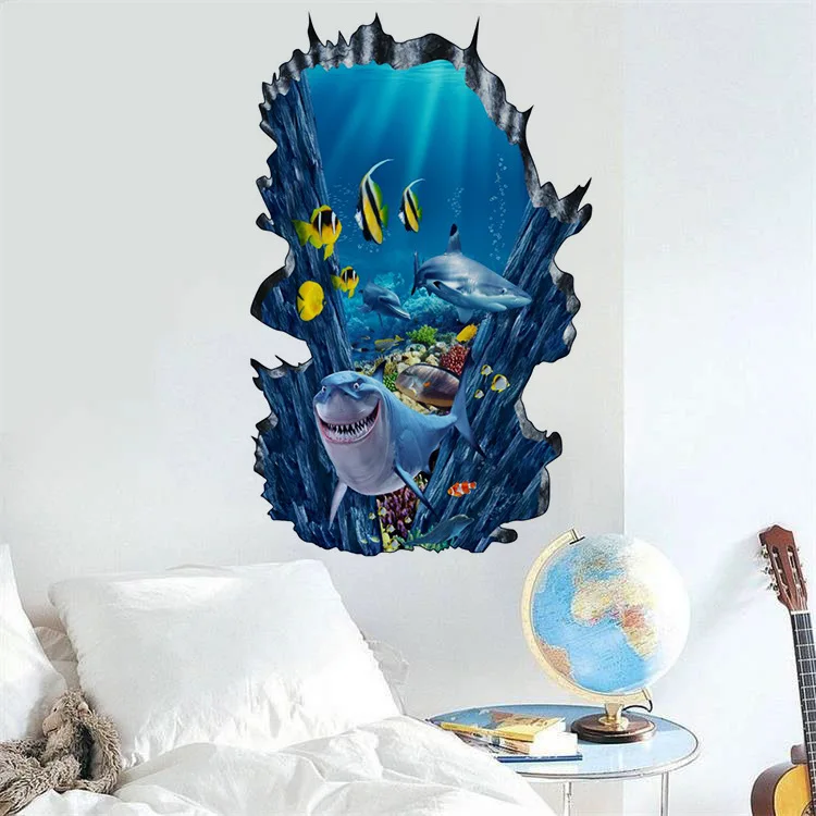 Wall-Stickers3D, звезда, наклейки на стену, фальшивое окно, дельфин, Акула, спальня, гостиная, декоративная живопись, Декор