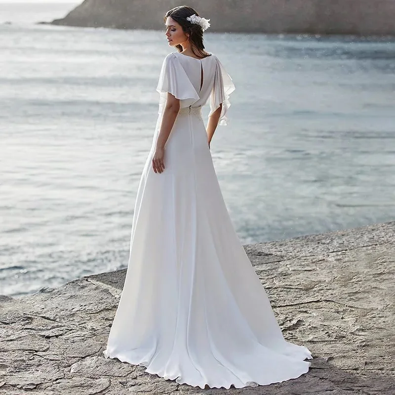 grace kelly wedding dress Simple Beach Wedding Dress 2021 A-Line Puffy Short Sleeve V-Neck Pleat Lace Appliques Open Back Sweep Train Bride Gown For Women long sleeve wedding dresses