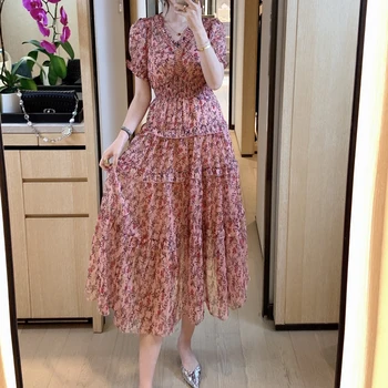 

Runway Designer New Bohemian Print Flowers Party Sexy V-Neck Ruffled Mid-Length Dress Women'S Clothing New High-Quality Elegant