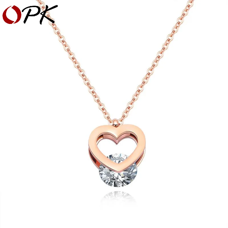 

OPK Korean version titanium steel Heart Necklace female rose gold inlaid with zircon hollow three-dimensional clavicle chain tem