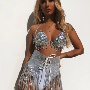 

Sexy Rhinestone Sequins Tassel Skirt Handmade Women Rhinestone Lace Up High Waist Nightclub Party Mini Skirt for Lady