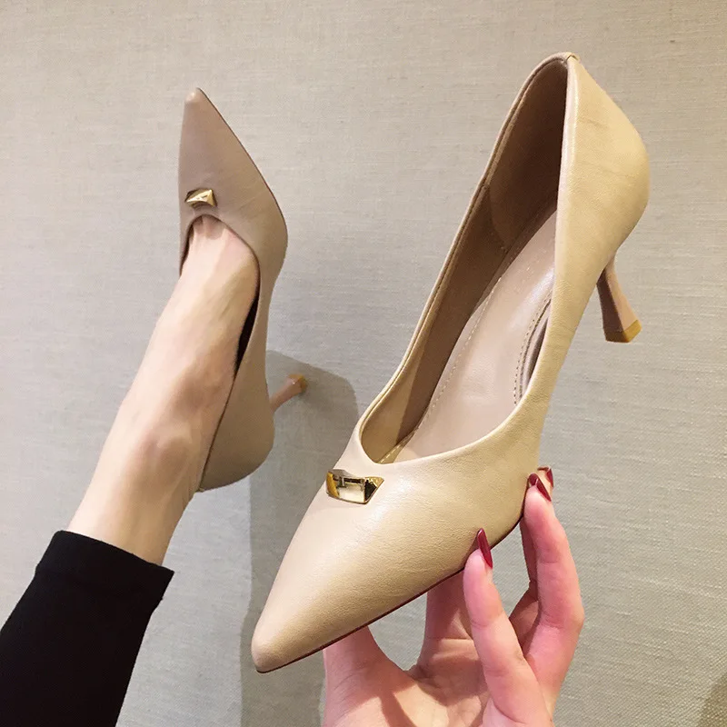 

2020 Spring And Autumn New Style High Heel Shoes Women's 6cm Low-Cut Solid Color Metal Buckle Pointed-Toe Thin Heeled Career Sho