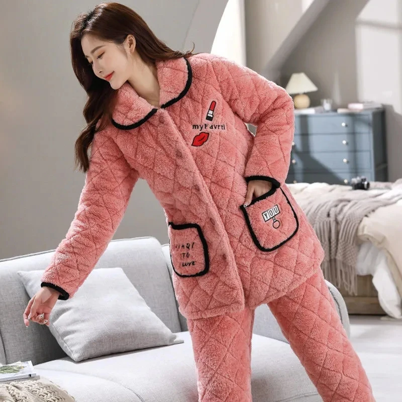 Pajamas Women Winter Sets Three-Layer Thick And Velvet mid-Long Quilted 2PCS Women's Cotton-Padded Jacket Home Service Suit 996