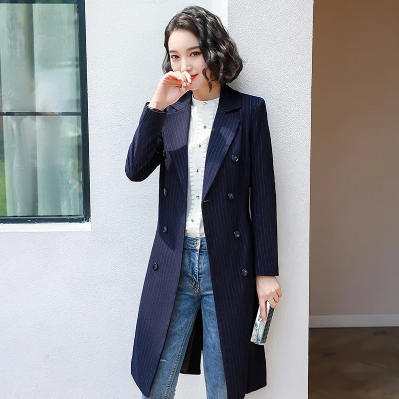 

New Style Long-sleeved Coat Elegant Deep Blue Stripes Slim Fit Mid-length Suit Jacket Glorious Versatile Feminine
