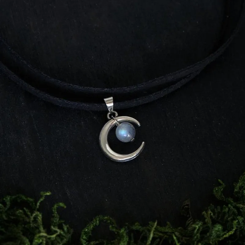 Celestial Necklace Crescent Pendant Choker Labradorite Inspired Statement Punk Jewelry Witchy Halfmoon Luna Women Fashion Gift