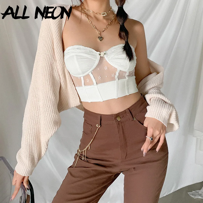 

ALLNeon Y2K Fashion Strapless Patchwork Mesh Corset Tops E-girl Sweet Backless Transparent White Cropped Tank Top Partywear Slim