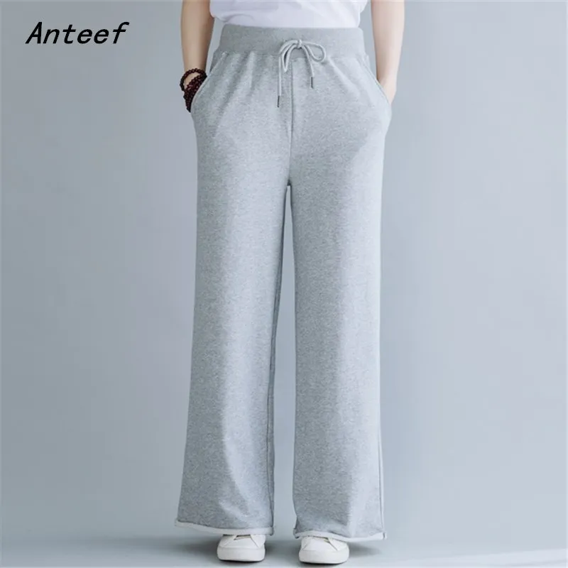 

cotton plus size high waist casual loose autumn ladies trousers wide leg sweat pants 2020 women sweatpants clothes streetwear