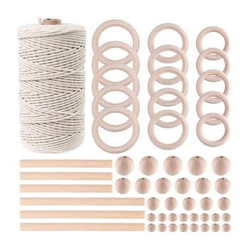 

m Natural Macrame Cord with 80Pcs Wood Beads 6Pcs Wooden Stick and 20Pcs Wood Ring for Diy Plant Hangers