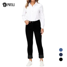 POTILI Thick Plus Velvet Women Winter Mid Waist Skinny Jeans Simple Fleece Warm Slim Fit Stretch Lady Casual Denim Pencil Pants