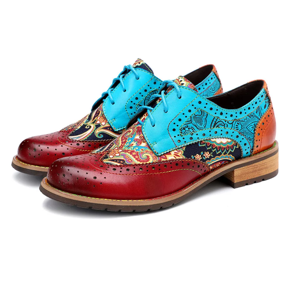 2020 New Spring Casual Women Brogues Shoes Handmade Genuine Leather Women Flats Oxfords Shoes Retro Carved Lace Up  Lady Oxfords (4)