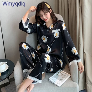 

Wmyqdlq Pajamas Women Autumn Daisy Lapel Cardigan Ice Silk Simulation Silk Long-Sleeved Loose Large Size Service Pyjamas Suit