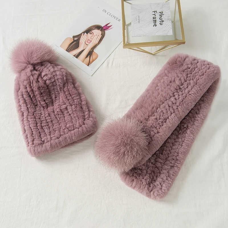 Lantafe Hat And Scarf Fur Hat Kit Hat Scarf Rex Rabbit Fur Winter Accessories Warm Woven Hat Knit Cap With Fox Fur Ball