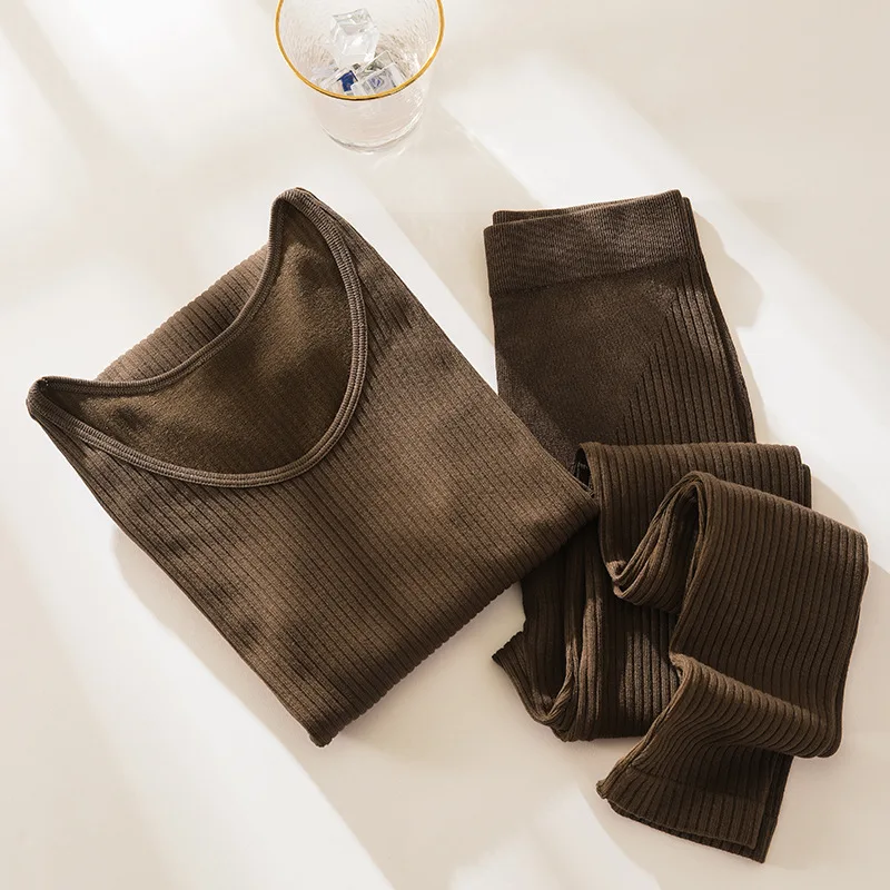 khaki Комплект из 2 предметов; женские пижамы; сезон осень-зима; бесшовное термобелье для тела; тонкие женские теплые утеплённые длинные кальсоны - Цвет: khaki