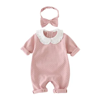 

WLG Baby Rompers Girls Spring Summer Pink Dot Printed Romper with Headband Toddler Cute All Match Clothes for 6-18 Months