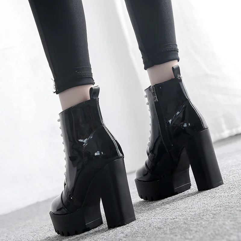 Women Stylish Pointed Toe High Heels Chunky Patent Leather Skipproof Ankle Boots