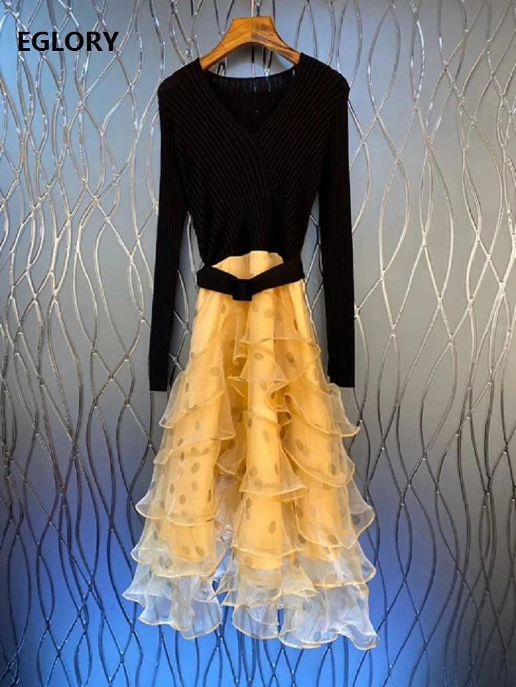 

New 2020 Spring Summer Style Dress Women V-Neck Polka Dot Print Ruffle Lace Patchwork Long Sleeve Mid-Calf Casual Sweater Dress