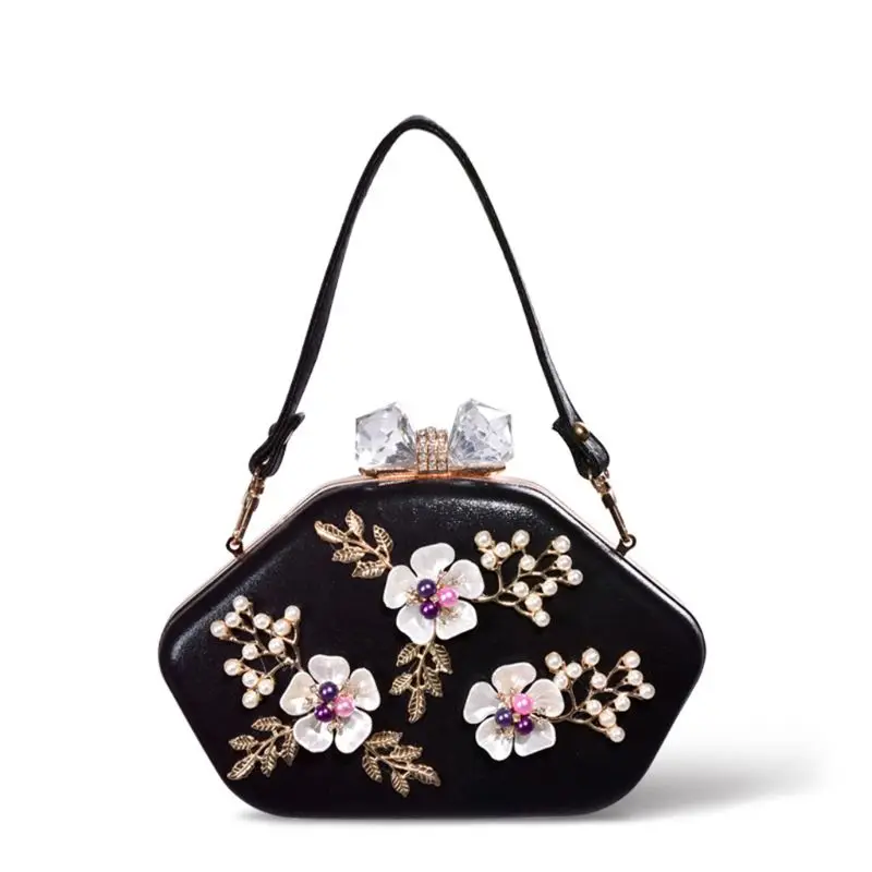 Черный Women Beaded Flower Evening Bags Wedding Cocktail Party Bridal Clutch Handbag Shoulder Crossbody Wallet Purse - Цвет: Черный