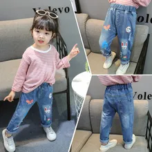 Радужная детская джинсы c кроликами Весна стиль корейско-Стиль Для женщин небольшой Тб; сезон весна-осень длинные брюки тощие брюки