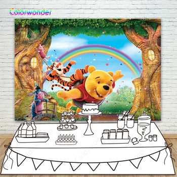

Kids Background for Photography Yellow Bear Pooh with His Friends 7x5ft Colorful Rainbow Tree House in Forest Scenery Backdrops