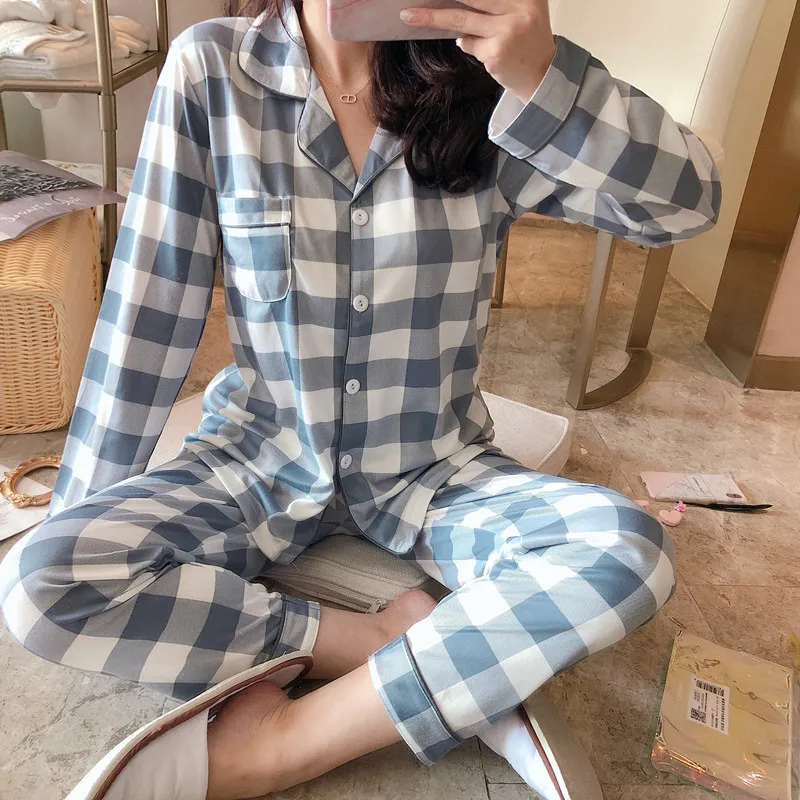 

2020 Spring And Autumn Wechat Business Pajamas Women's Fold-down Collar Cartoon Cardigan Suit Tracksuit