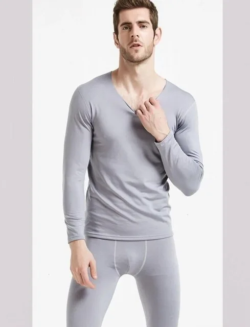 Зимние мужские флисовые теплые комплекты костюмов с v-образным вырезом теплые леггинсы низкая цена дешевые топы и брюки облегающая футболка с флисовой эластичностью S - Color: Llight gray sets