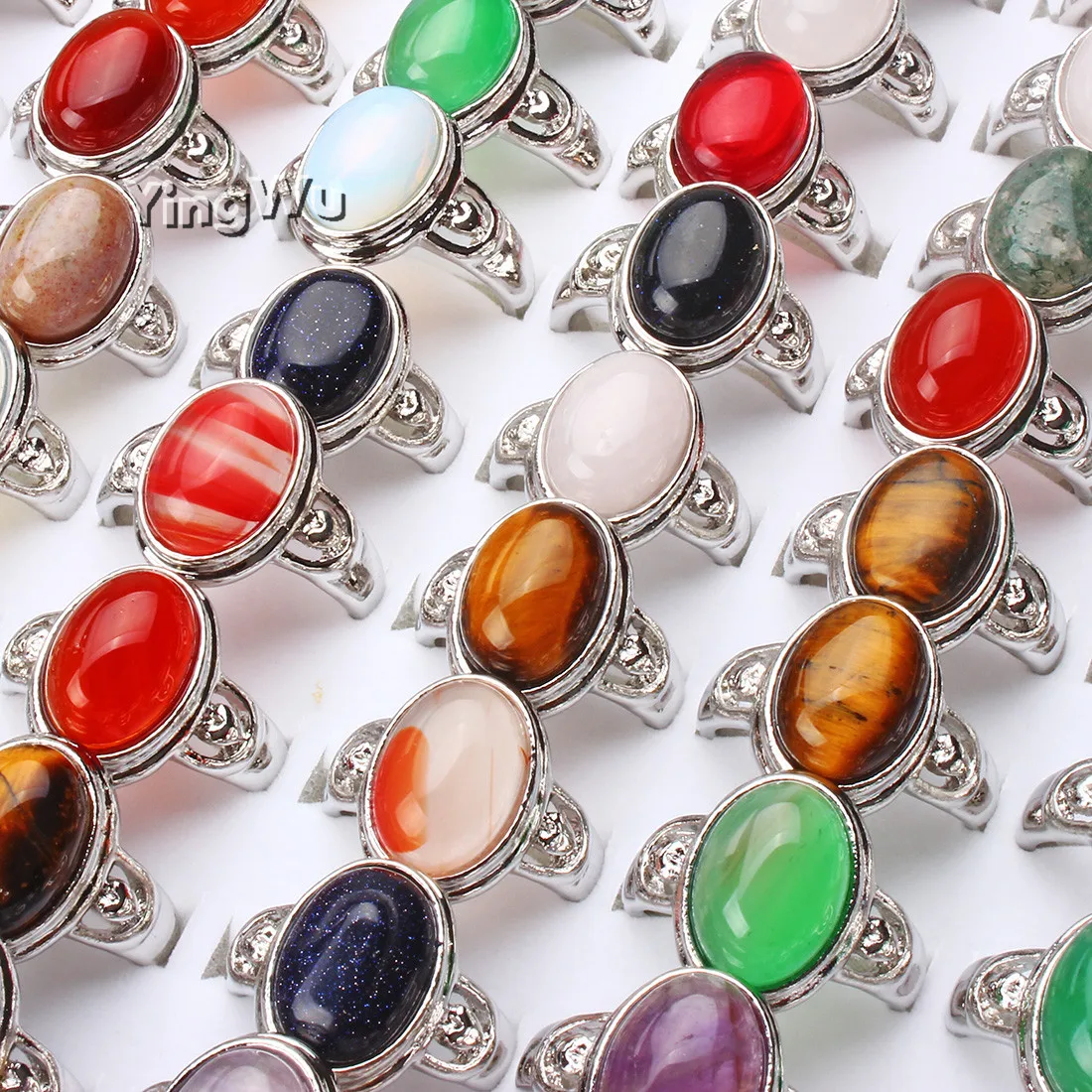 Yingwu Wholesale lots bulk 20pcs Vintage Stone Oval Patten Tibet Silver jewelry rings for women party gift wedding size