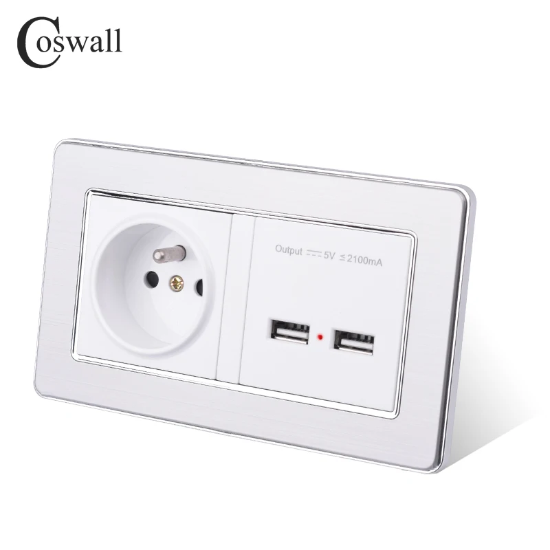 Розетка COSWALL розетка из нержавеющей стали с двойным USB портом 5 В 2 1