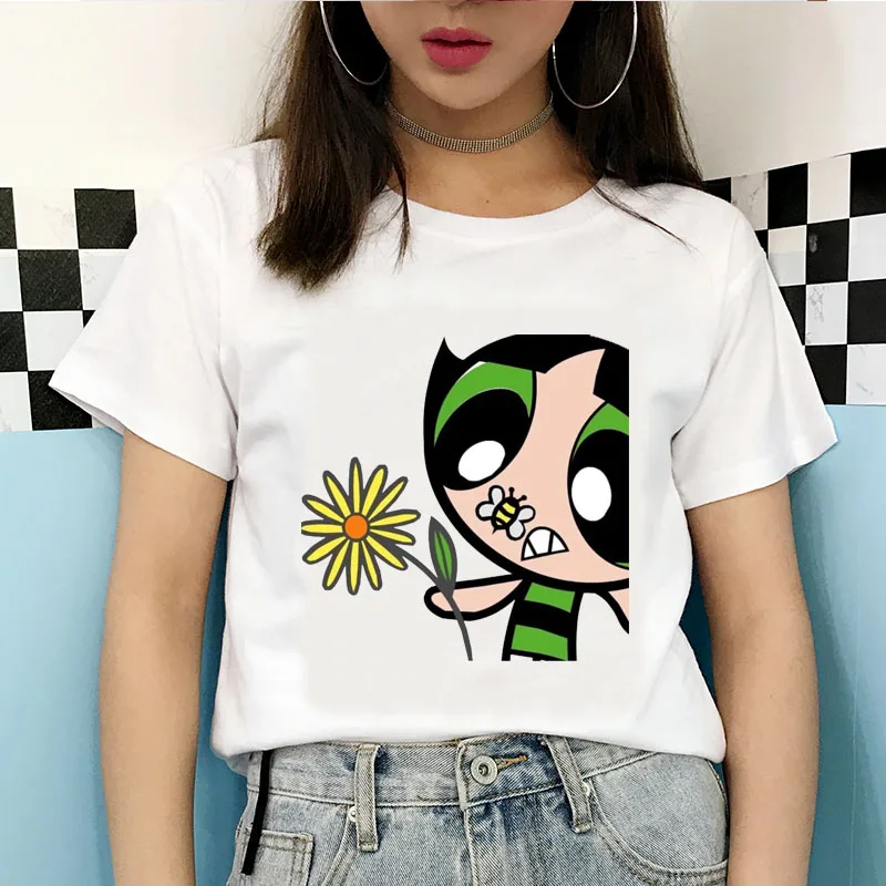 2020 New Summer Kawaii White Tops Powerpuff T Shirt Girls Harajuku Funny Cartoon Printed Cute T-shirts Women's Fashion Clothing