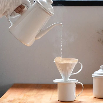 

Japan Imported V60 Enamel Hand Made Coffee Pot 1-2 Cup Drip Filter Cup White Thin Mouth Pot Coffee Brew Cup