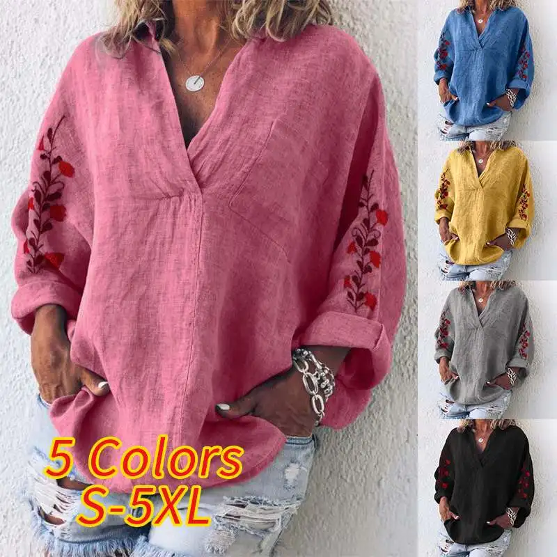 Женская блузка с v-образным вырезом и длинными рукавами, топы с цветочной вышивкой, ZANZEA, осенняя хлопковая льняная рубашка, Femme Robe, рабочая блуза, сорочка, Mujer, 7