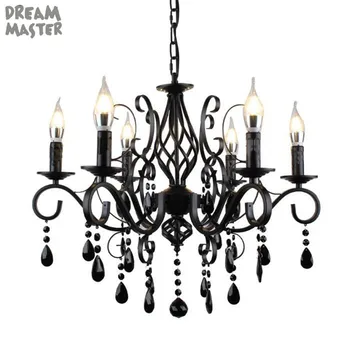 

Vintage Retro Chandelier Light Black Wrought iron + black crystal home Lamp for Living Dinning Room Loft Kitchen hanging Lights