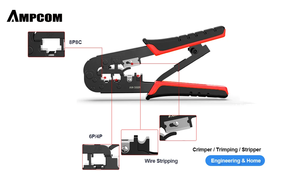 H79bb08ae305744b4a48070e3e84af5baD AMPCOM-herramienta de engarce Modular RJ45 RJ11, cortador de cables y pelacables, Cable de red Ethernet, alicates Pelacables para 6P 8P