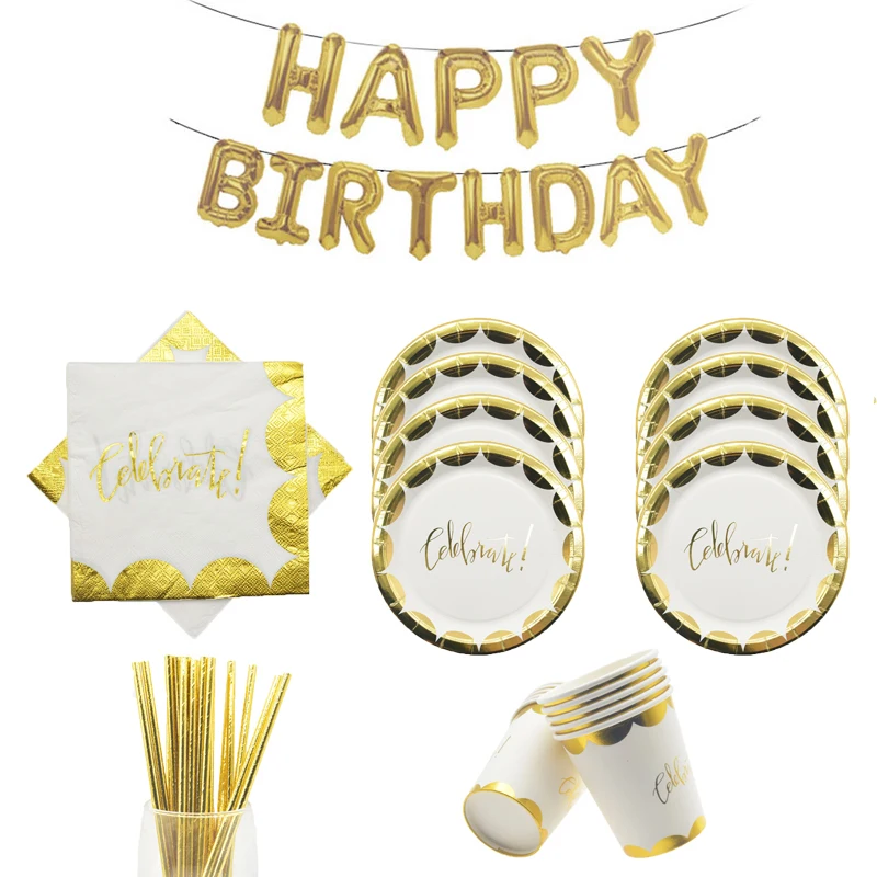 Золотые одноразовые столовые приборы из фольги бумажные тарелки и соломки