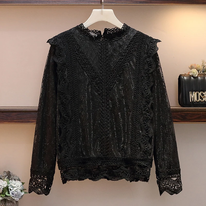 L-4XL размера плюс, Женская кружевная блузка, зима, модные кружевные вязанные крючком Лоскутные с длинным рукавом, утолщенные элегантные рубашки, женские топы - Цвет: Черный