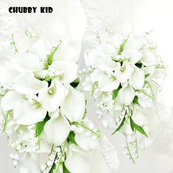 

Long Artificial PU calla lily Bell orchid Teardrop-shaped holding flowers Waterfall-shaped wedding bridal bouquet white blue
