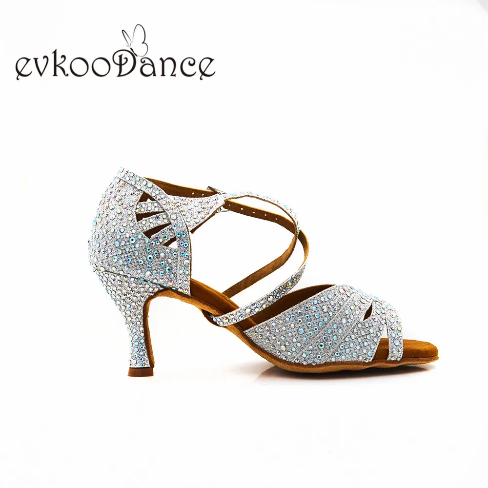 Evkoo/Танцевальная обувь; Zapatos De Baile; серебристая блестящая танцевальная обувь; стразы; женские профессиональные Evkoo-634 на каблуке 7 см
