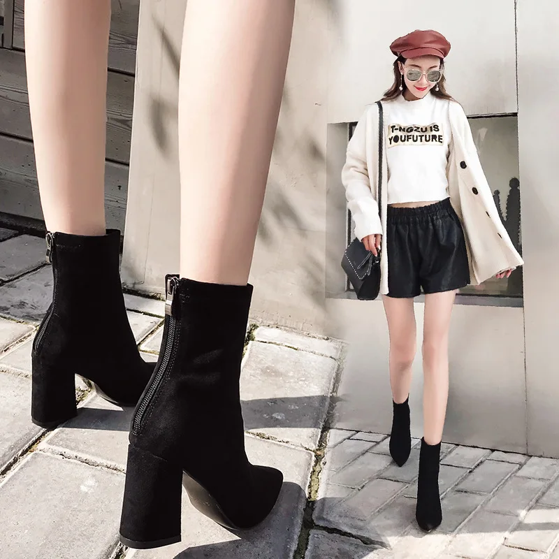 

Lady Boots Winter Shoes Women Bootee Woman 2019 Chunky Heel Back Zip Luxury Designer Zipper Leather Booties Ladies Pointy