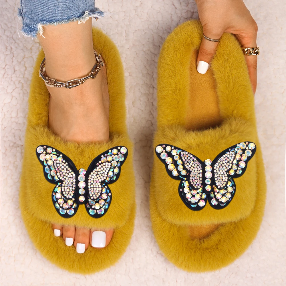 

Flip Flop Slippers Butterfly Decor Faux Fur Fuzzy Slides Plush Outdoor Sandals Fluffy Slippers High Quality Designer Shoes 2022