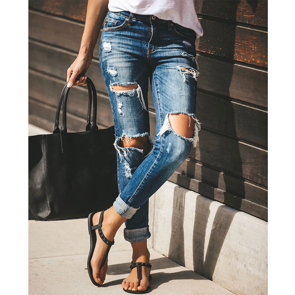 Рваные джинсы для женщин, модные женские рваные джинсы, обтягивающие брюки, женские джинсовые брюки-карандаш, джинсы для женщин в стиле бойфренд D25