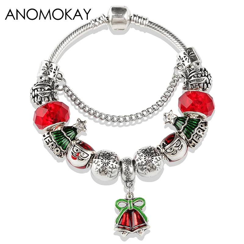 European& American Trendy Christmas Apple Charm Bracelet& Bangle Red Flower Crystal Diy Bead Bracelet Jewelry for Women - Окраска металла: 859