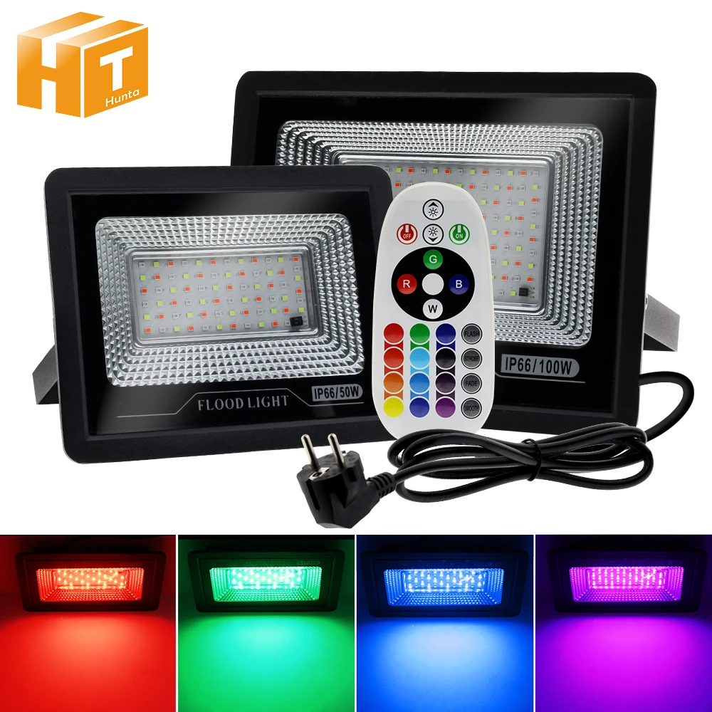 outdoor floodlight RGB LED Flood Light AC 220V 50W 100W Outdoor RGB Floodlight Spotlight IP66 Waterproof LED Street Lamp With Remote Control sensor flood light