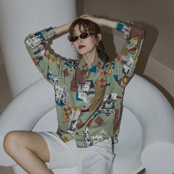 

2020 Spring Summer New Arrivals Square Collar Full Sleeve Button Print Pattern Women Fashion Vintage Shirt V963