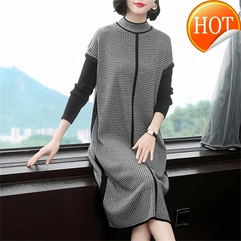 

Womens 2020 Spring Plus Size Dress Houndstooth Fashion Ladies Femal Elegant Midi Dresses Woman Party Night