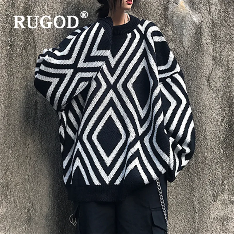 RUGOD, винтажный черный свитер, пуловеры для женщин, клетчатый узор, в стиле панк, топы с круглым вырезом, свитер большого размера, модный ins, Женская туника