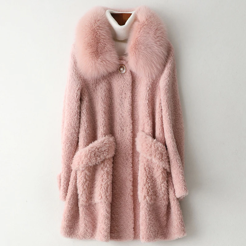 Pink Пальто из натурального меха, женская одежда, зимняя куртка с большим воротником из лисьего меха, шерстяные пальто и куртки для стрижки овец, HQ19-ZCFR19126C KJ3381 - Цвет: Pink